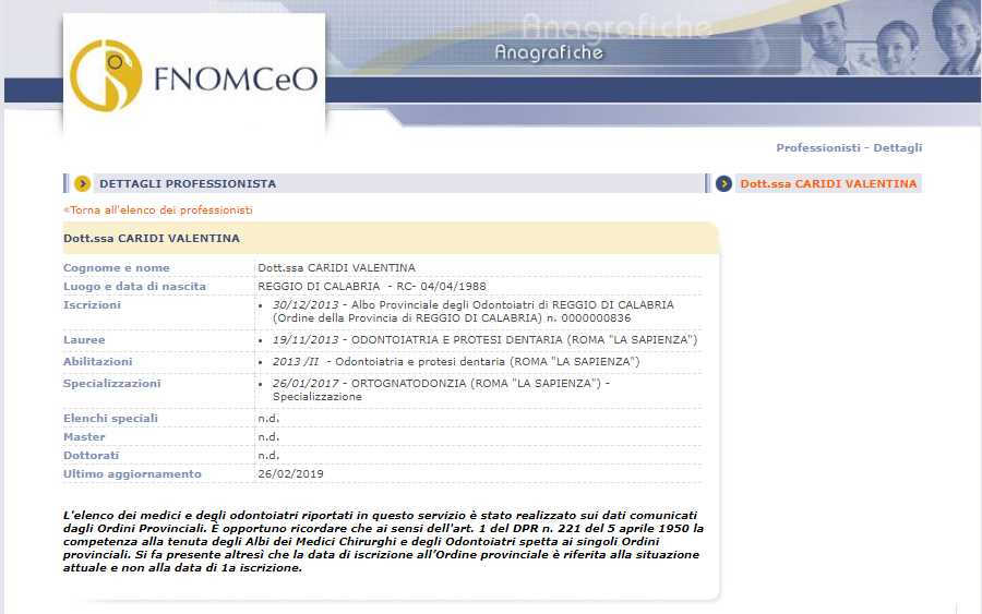 fnomceo verifica iscrizione albo valentina caridi